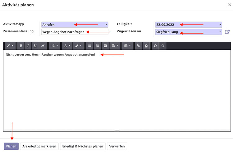 CRM Reminder erstellen