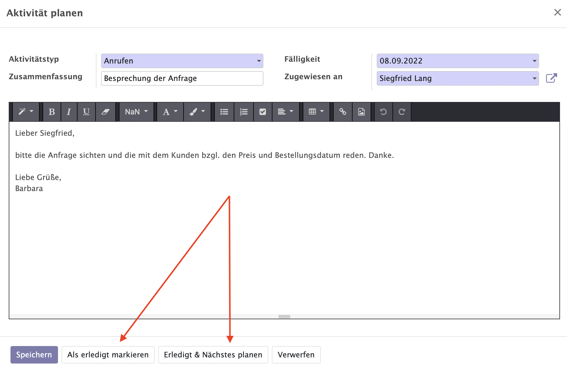 CRM Aktivität planen